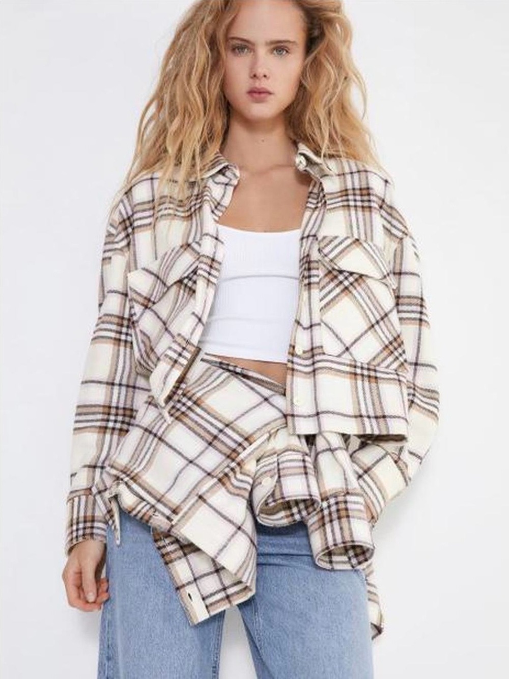 Zara Relaxed Fit Cropped Plaid Button-Down Cream Brown Flannel Shacket S
